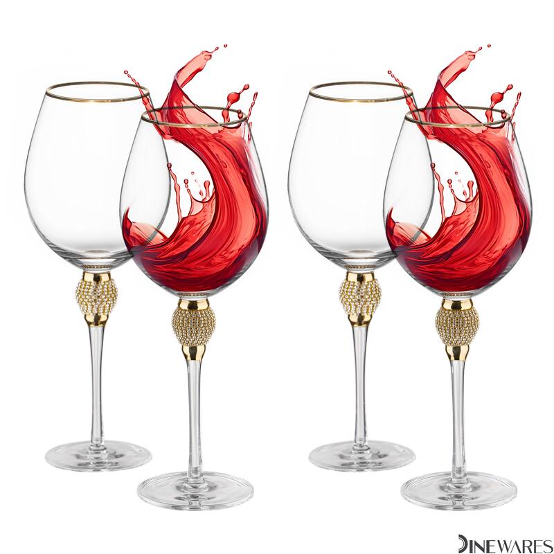 Rimmed Red Wine Glasses with Diamond Rhinestone Accent - 18 oz, 10 Inches Tall - Perfect Toasting Glasses for Bride and Groom - Set of 4 - Gold