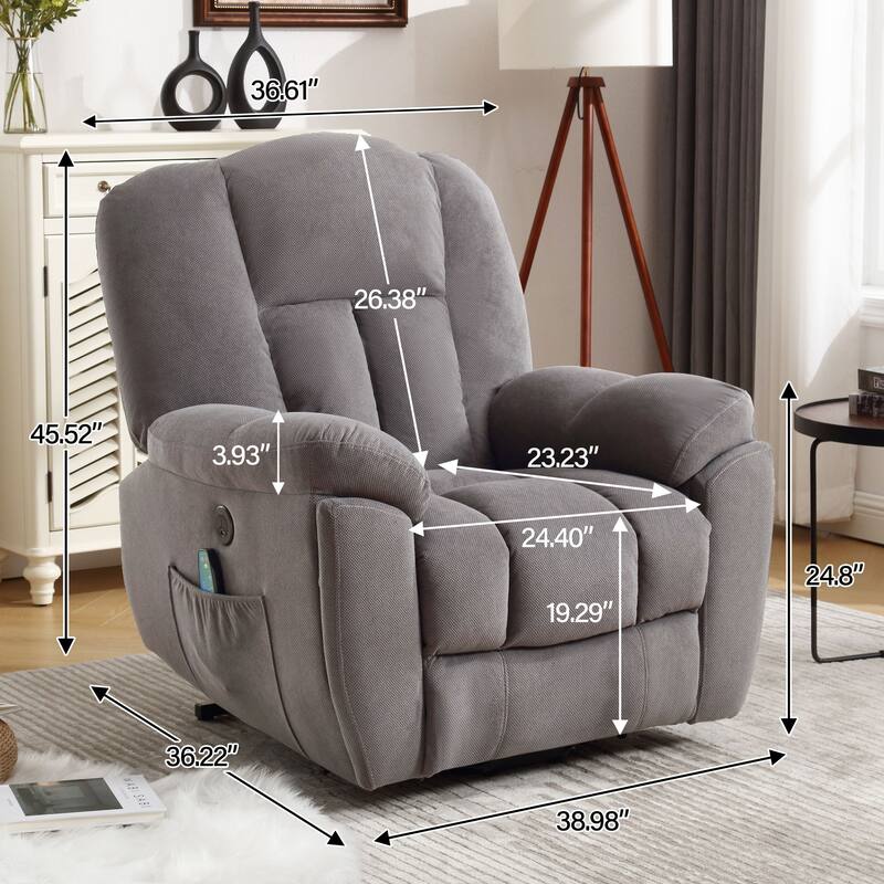 Grey Electric Power Lift Recliner with Heat, Massage, Infinite Positions, USB Charging, and Side Pockets