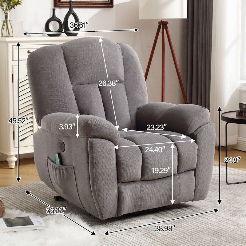 Grey Lift Recliner for Seniors with Heated Massage, USB Port, Side Pockets, and Durable Fabric Upholstery