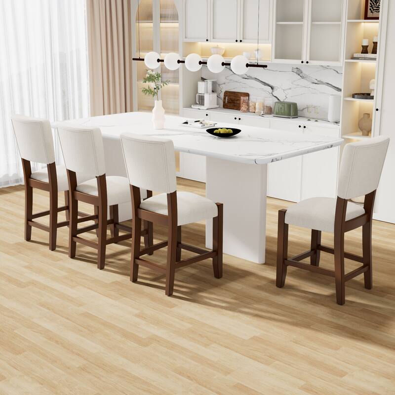 Roomfitters Modern Bar Stools Set of 2, Counter Height Bar Chairs with Back, Linen Upholstered Seats, Solid Wood Legs, Beige