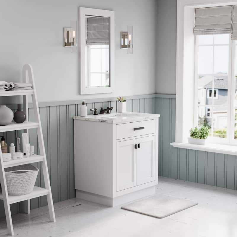 Hartford Marble Bath Vanity in White with Classic Faucet and Mirror