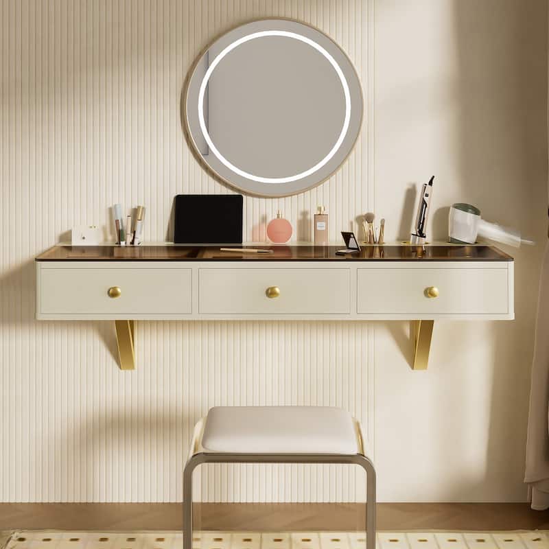 Floating Vanity Desk with Glass Top & Drawers, Wall Mounted Makeup Vanity Desk, Dressing Table with Tablet Holder - Beige