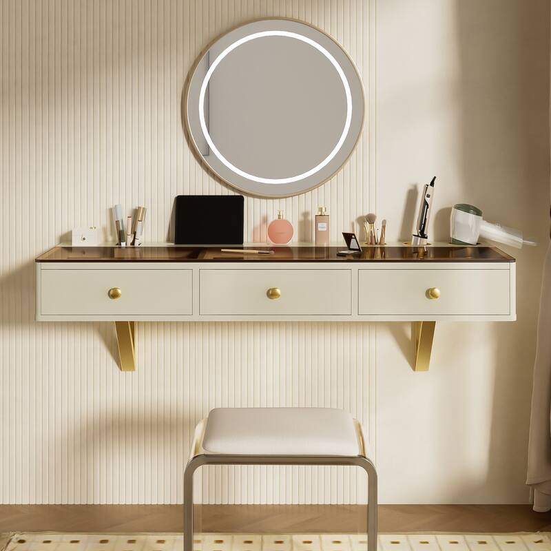 Rossetta 47" Modern Vintage Multi-Purpose Floating Wall-Mounted Vanity Table with Drawers, Storage Compartments - Beige