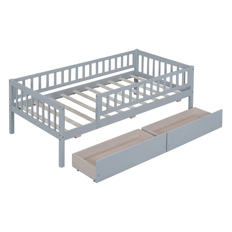 Twin Size Wood Daybed with Two Drawers, Space-Saving Design, Gray Finish
