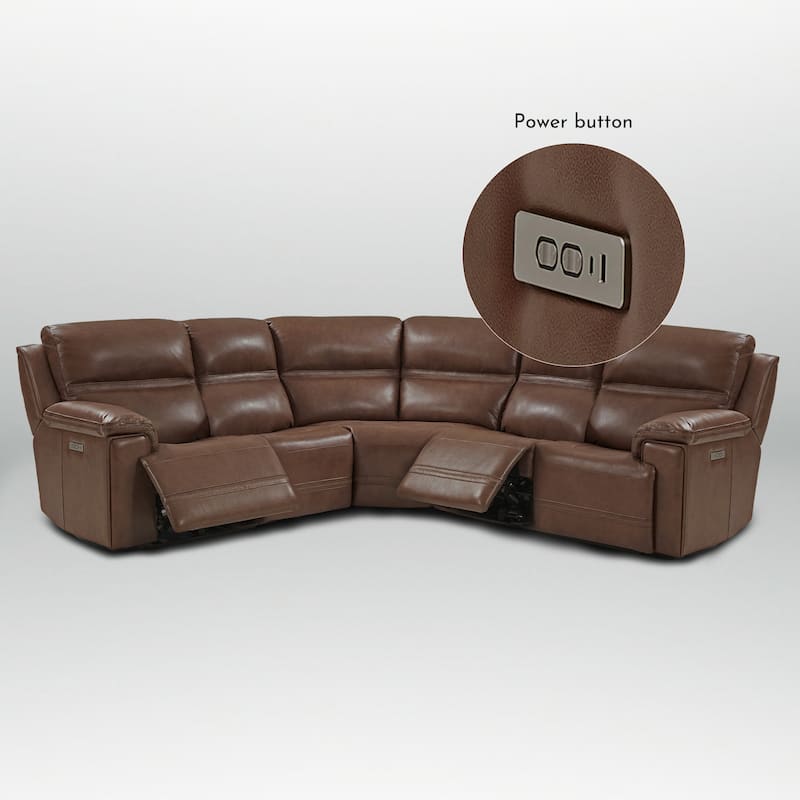 5PCS, 3 power Recliners, Dual-Power Genuine Leather Reclining Sectional with Adjustable Headrest