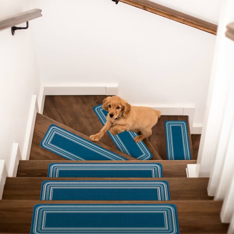 Beverly Rug Non Slip Bordered Stair Treads for Wooden Steps Indoor - Set of 8 - Blue