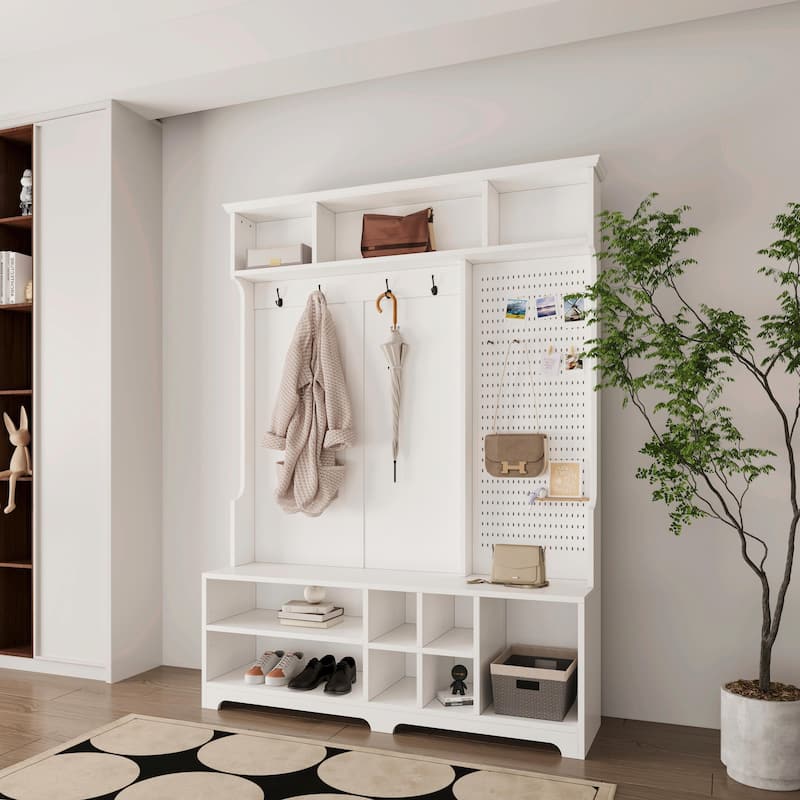 Hall Tree with Shoe Bench, Coat Rack, Shoe Storage, Storage Shelves, and Pegboard - White