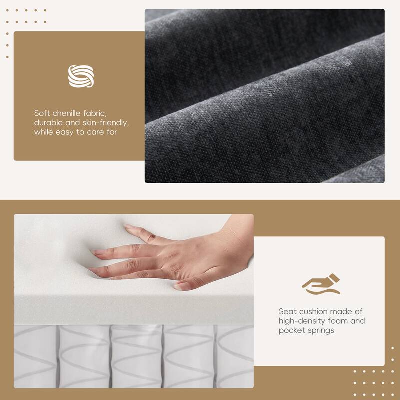 Chenille Tufted L-Shape Sectional Sofa with Storage Ottoman, Pockets and All-in-one Armrest with Dual-Port Charging, Cup Holder