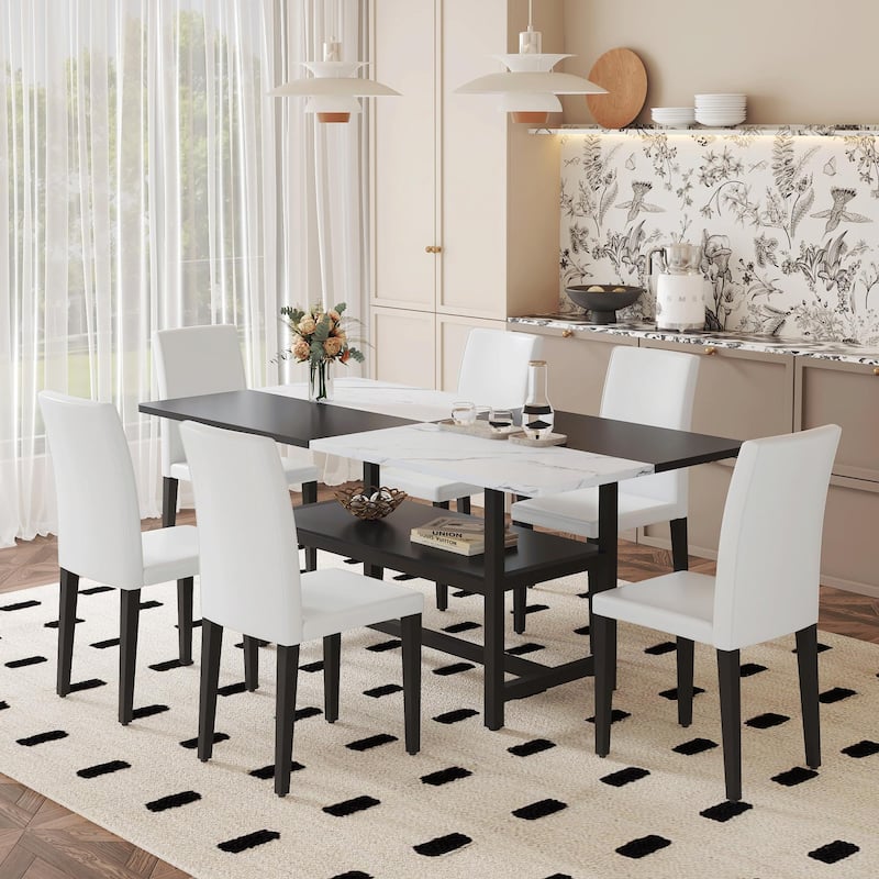 71" Two-Tone Rectangular Dining Table Set with Lower Storage Shelf, Modern Kitchen Dining Table & Chairs Set for Family