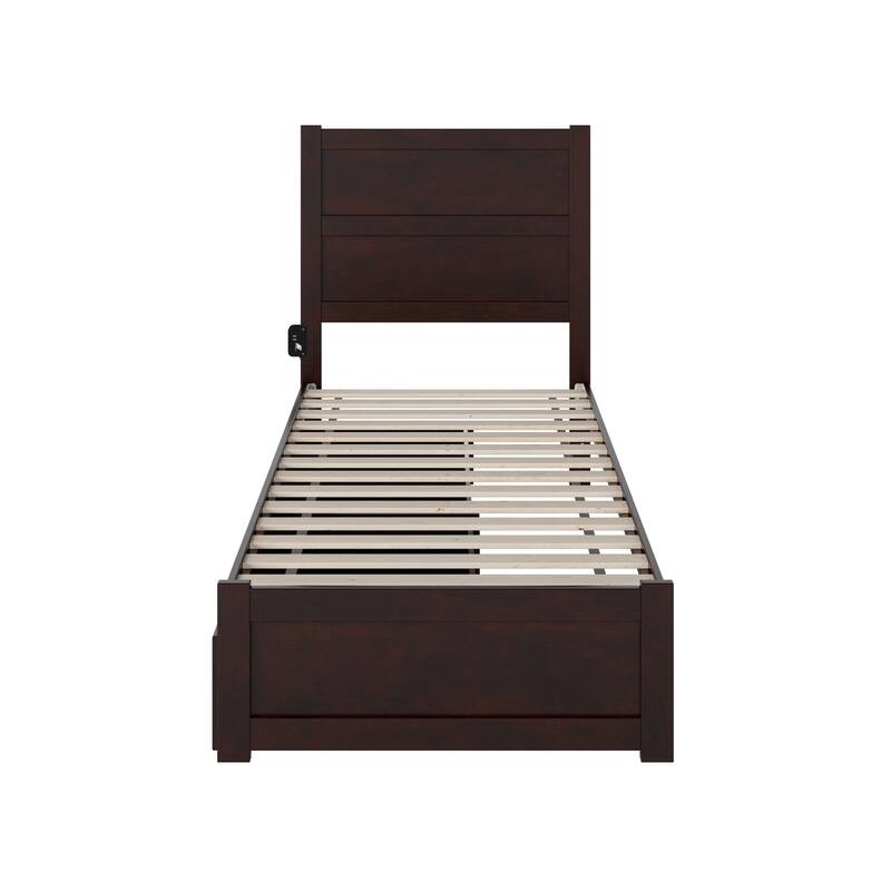 Twin XL Bed with Footboard & Drawers - Espresso Modern Platform Bed with Charging Station & Slat Kit