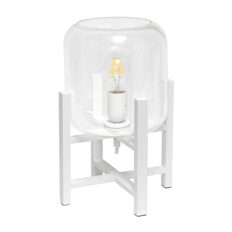 Glass Industrial Table Lamp with Wood Base and Cylinder Shade - 9 x 9 x 13.5 in. (L x W x H) - White-Clear