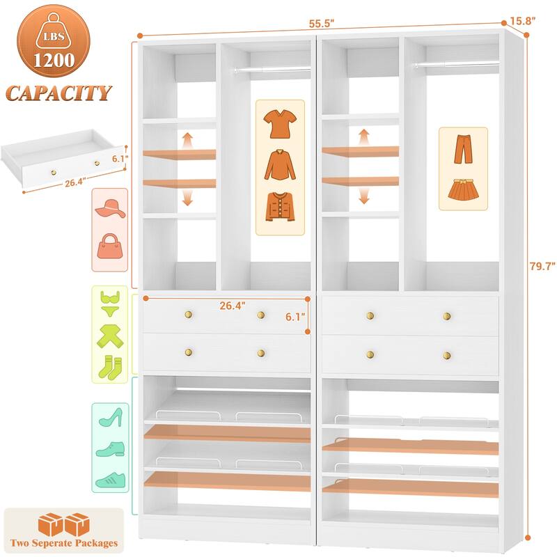 27.7'' Closet Organizer with Shoe Racks and Drawers, Closet System with Hanging Rod and Adjustable Shelves