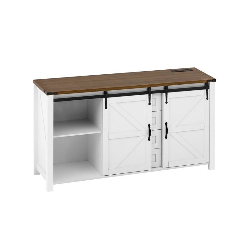 Farmhouse 55.1" Sideboard with Sliding Barn Doors and Storage Drawers, Wood Buffet Table with Power Outlet