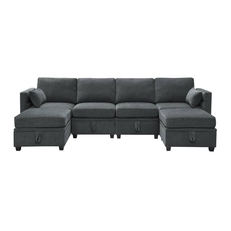 Grey Chenille Sectional Sofa Sets with Adjustable Backrests & Storage