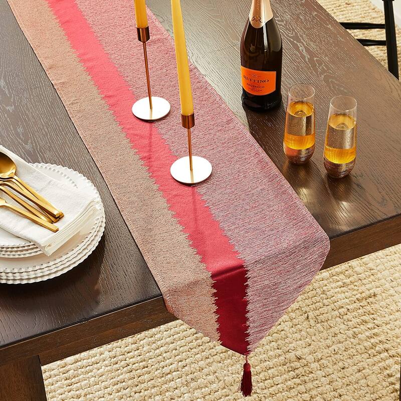 Violet Linen Chenille Striped Swivel Pattern, 13 Inch by 70 Inch, Decorative Table Runners - 13" X 70" - Burgundy