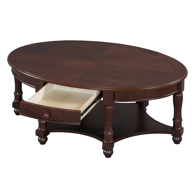 Wood Oval Coffee Table with Drawer and Storage Shelf, Carved Cocktail Table Accent Table with Turned Legs