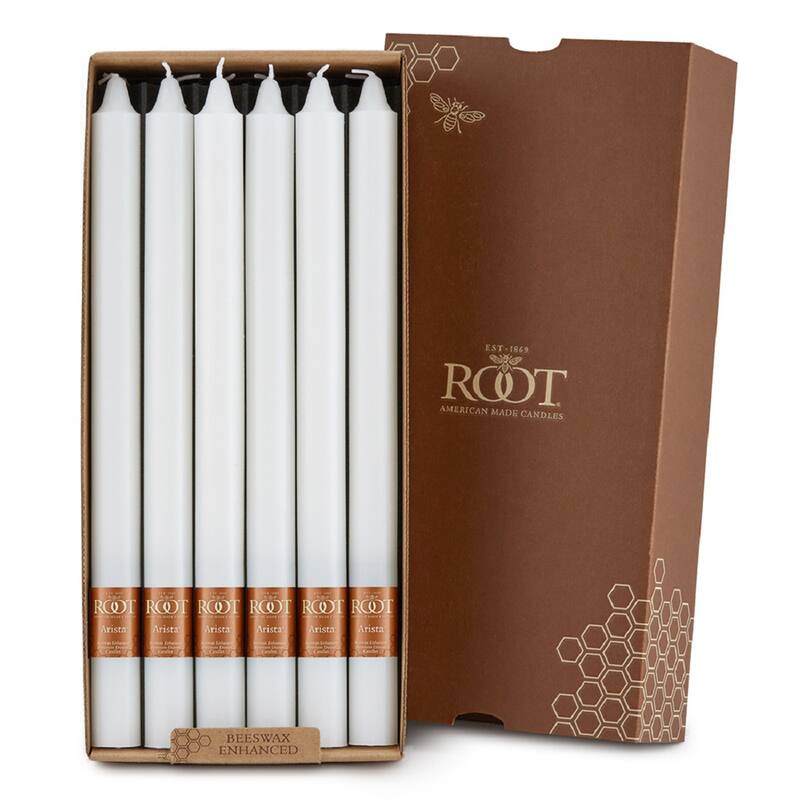 Root 12 inch Unscented Smooth Arista Taper Candles box of 12 - White