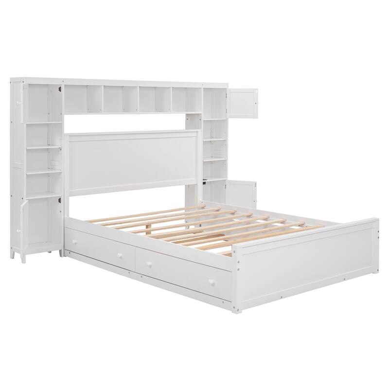 Queen Size Platform Bed with All-in-One Cabinet, Shelf & Sockets, Wooden Storage Bed Frame with 2 Drawers & Twin XL Trundle