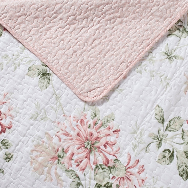 Laura Ashley Honeysuckle Cotton Reversible Pink Quilt Set - On