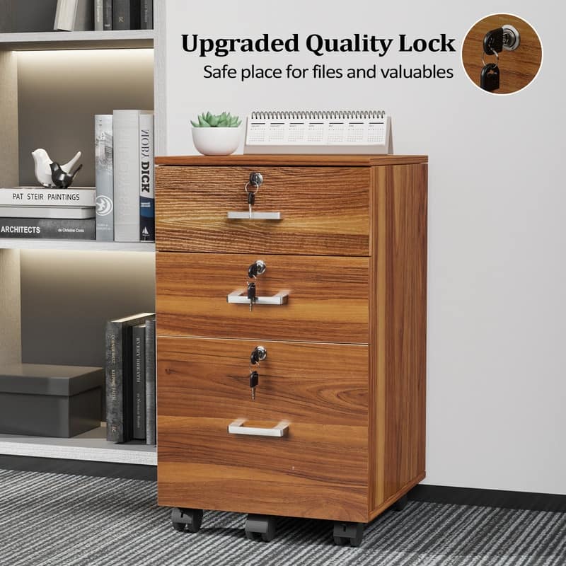 File Cabinet 3-Drawer Rolling Wood with Lock