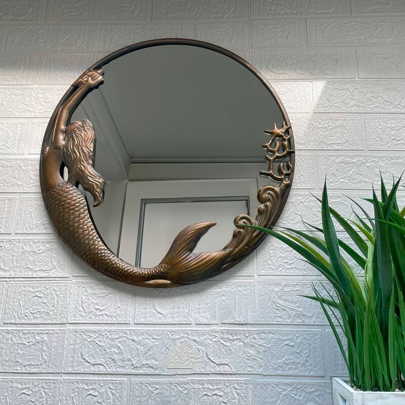 Bronze Mermaid Mirror 20-Inch Nautical Accent For Coastal Home Decor - 20 X 20 X 1 inches