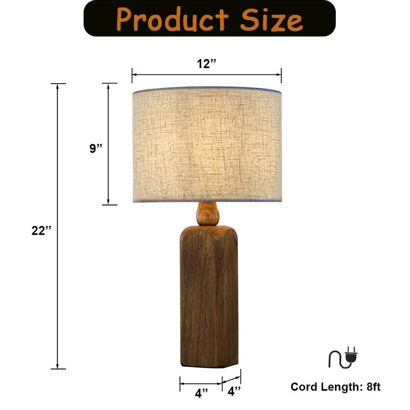Farmhouse Traditional Natural Brown Solid Wood Base Table Lamp with Beige Fabric Shade for Bedroom Living Room（Set of 2)