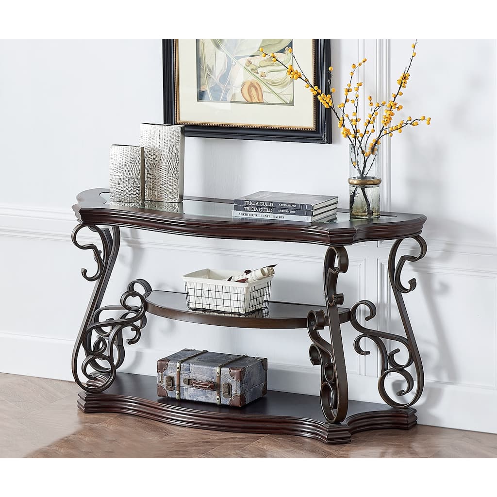 Flower Serpentine Elements Console Table Glass Top Entryway Table Accent Sofa Table with Arc-shaped Storage Shelf