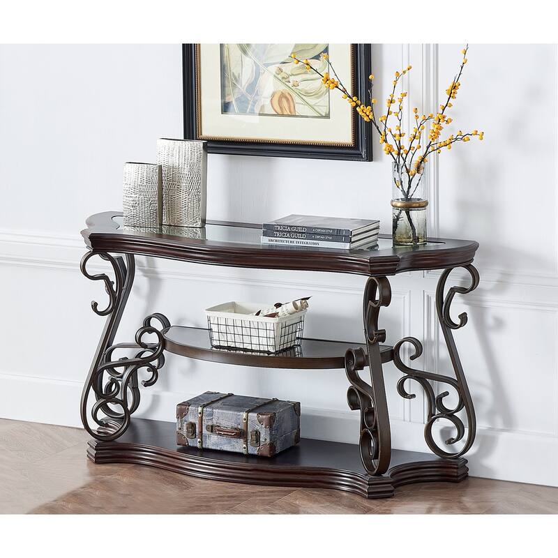 Rustic Sofa Table with Glass Table Top and Powder Coat Finish Metal Legs - Brown - Glass