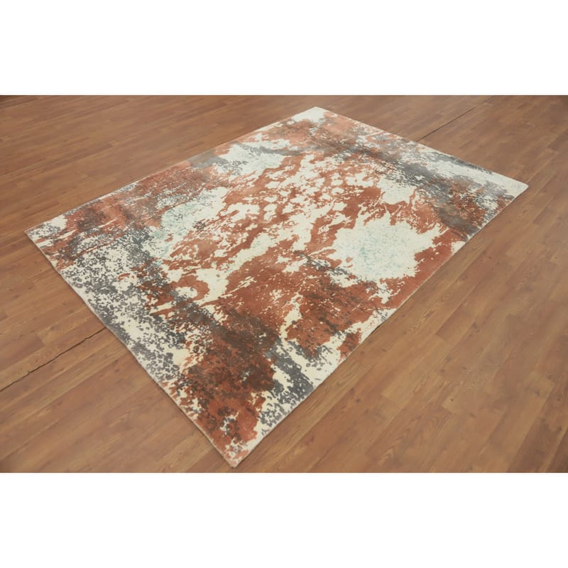 Hand-knotted Modern Silk Beige Abstract Oriental Area Rug - 7' 2'' X 5' 4''