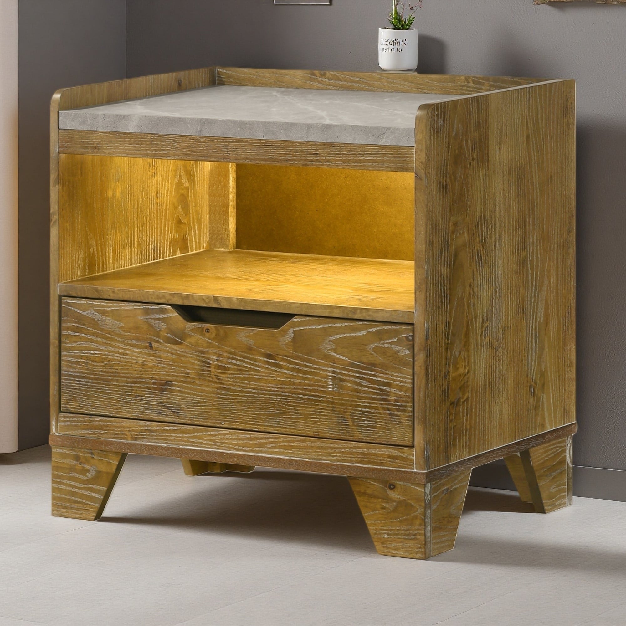 23"L Solid Rubber Wood Garcia Nightstand with LED Light, USB Port, and Metal Glide Drawer