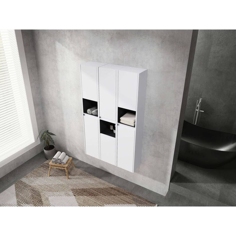 Modern Wall-Mounted Bathroom Side Cabinet with Soft-Close Doors, Floating Design, 6 Storage Compartments, 12-Inch Width