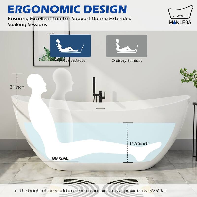 62 in. Acrylic Freestanding Soaking Slipper Bathtub