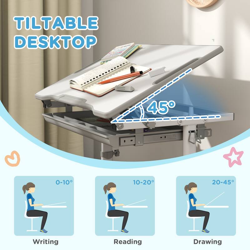 Adjustable Kids Desk and Chair Set Gray MDF Steel with Tilt Desktop and Drawer for Children Ages 6-12