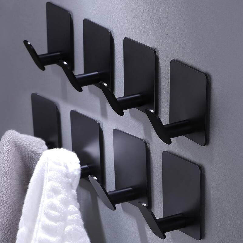 (Pack of 8) Adhesive Hooks Towel/Coat Hooks Stick to Bathroom or Kitchen - Black