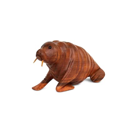 Wood Walrus Figurine Hand Carved Sea Animal Sculpture, Coastal Cabin Decor