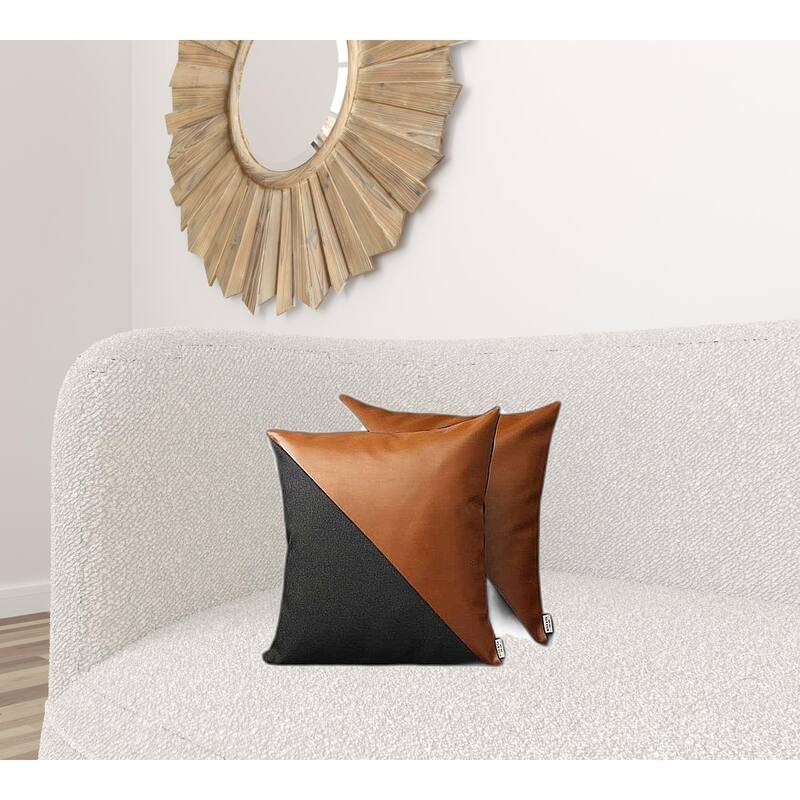 Set Of Two 18" X 18" Brown and Black Faux Leather Zippered Pillow