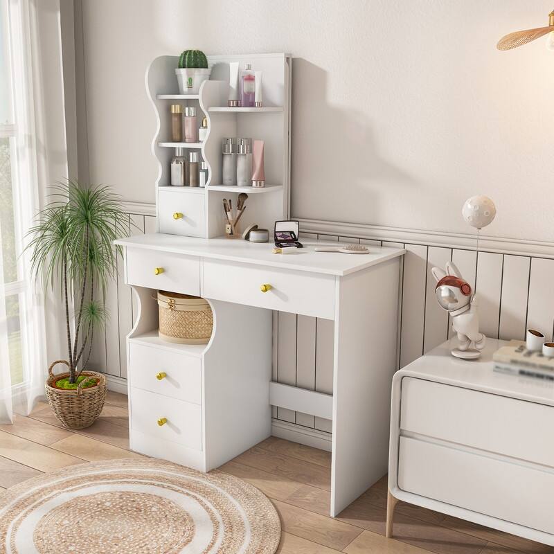 Vanity Desk with Sliding Mirror and Lights White Makeup Vanities with 5 Drawers ，movable and hidden mirror