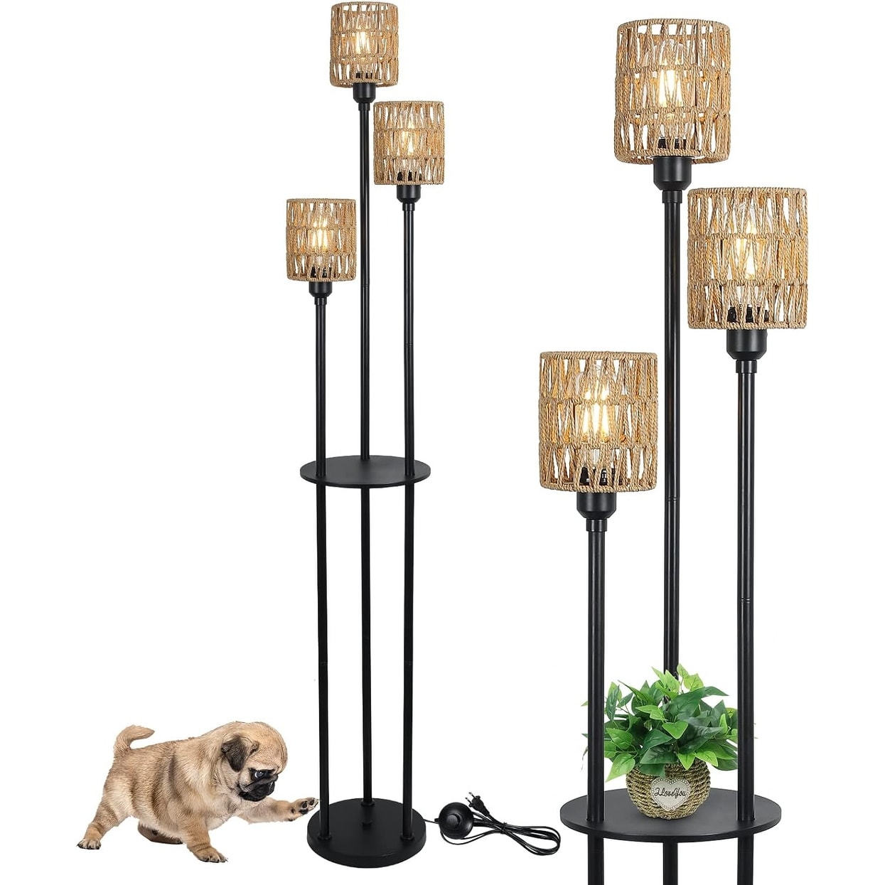 3-Lights Tall Floor Lamp with Foot Switch and Shelf