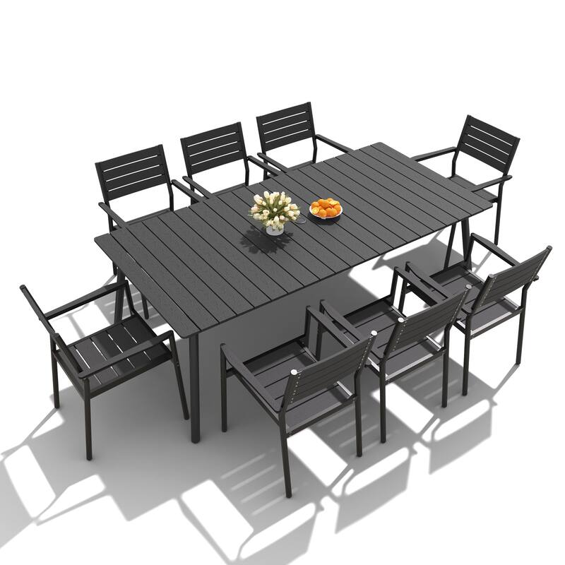 7/9/11-Piece Outdoor Dining Set Aluminum Dining Table with Umbrella Hole and Stackable Chairs - Black - Set of 9