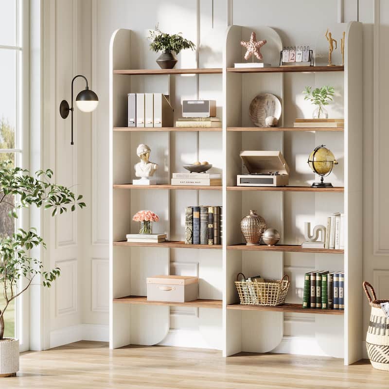 70.87" 5-Tier Double Wide Bookshelf, Open Shelves Tall Floor Standing Bookcase Storage Accent Shelf - White+Brown