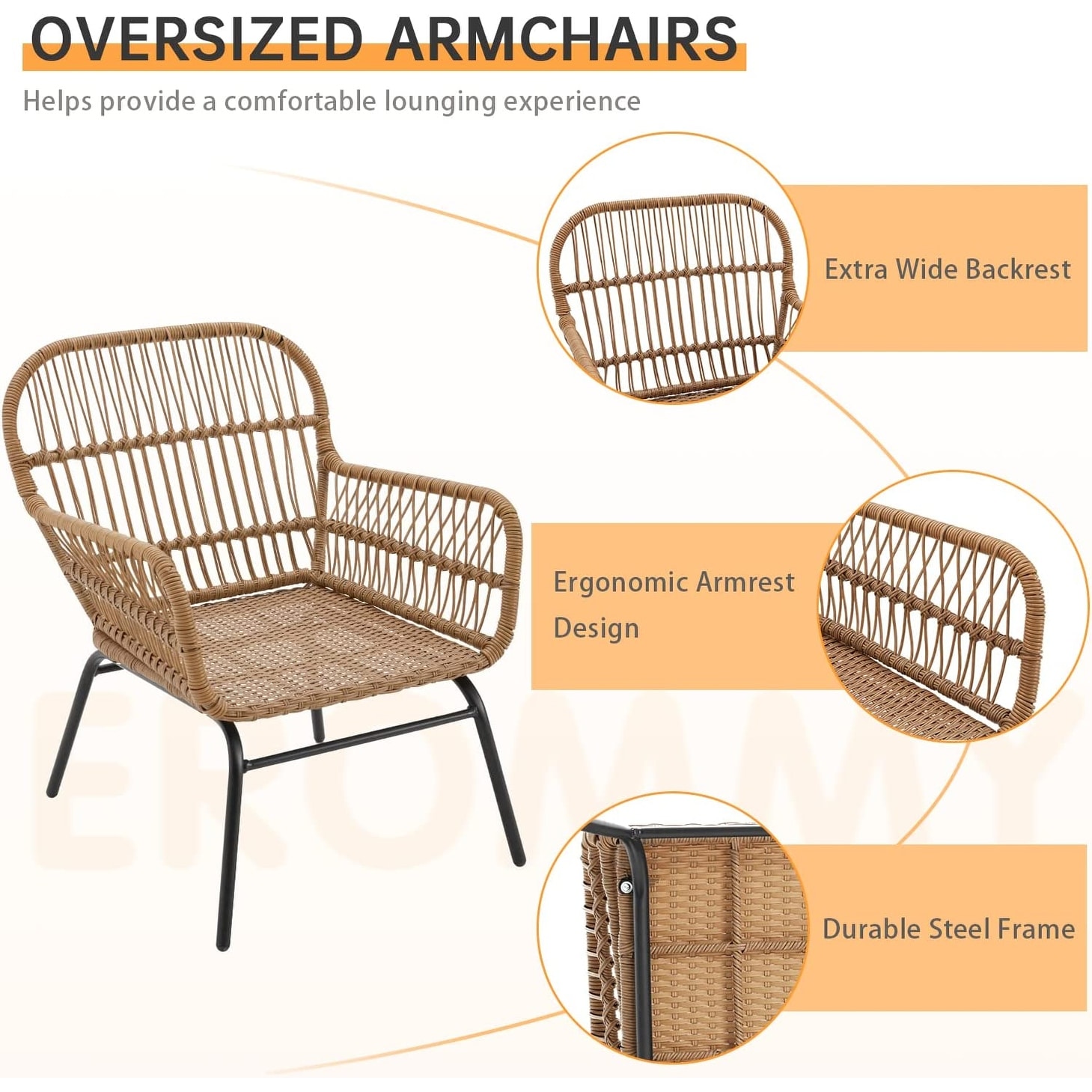 EROMMY 3-Piece Patio Conversation Set with Glass Table & 2 Armchairs, Seat Cushions