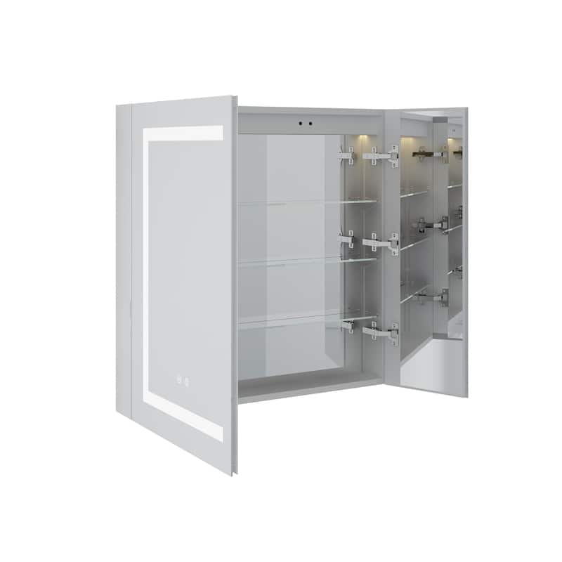 30" H Recessed or Surface LED Mirror Cabinet with Adjustable Glass Shelves,Defogger, Dimmer And Outlets & USB Ports