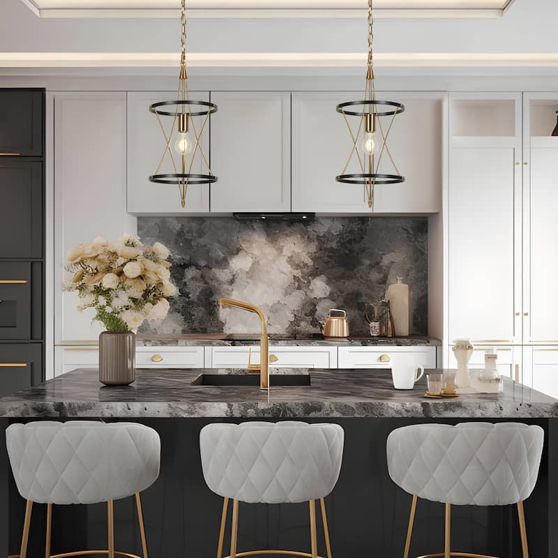 Modern 1-Light Black Gold Pendant Drum Kitchen Island Lights for Dining Room - D 9.6" x H 81.5" Max
