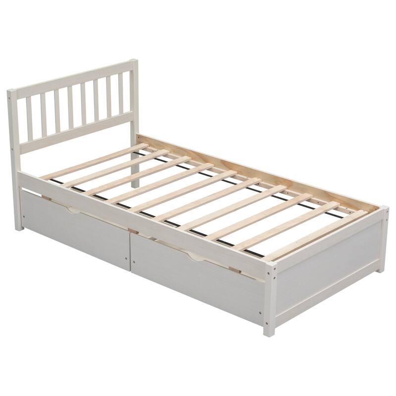 Space-Saving Twin Size Platform Bed with 2 Storage Drawers, Sturdy Rubber Wood Frame - Easy Assembly