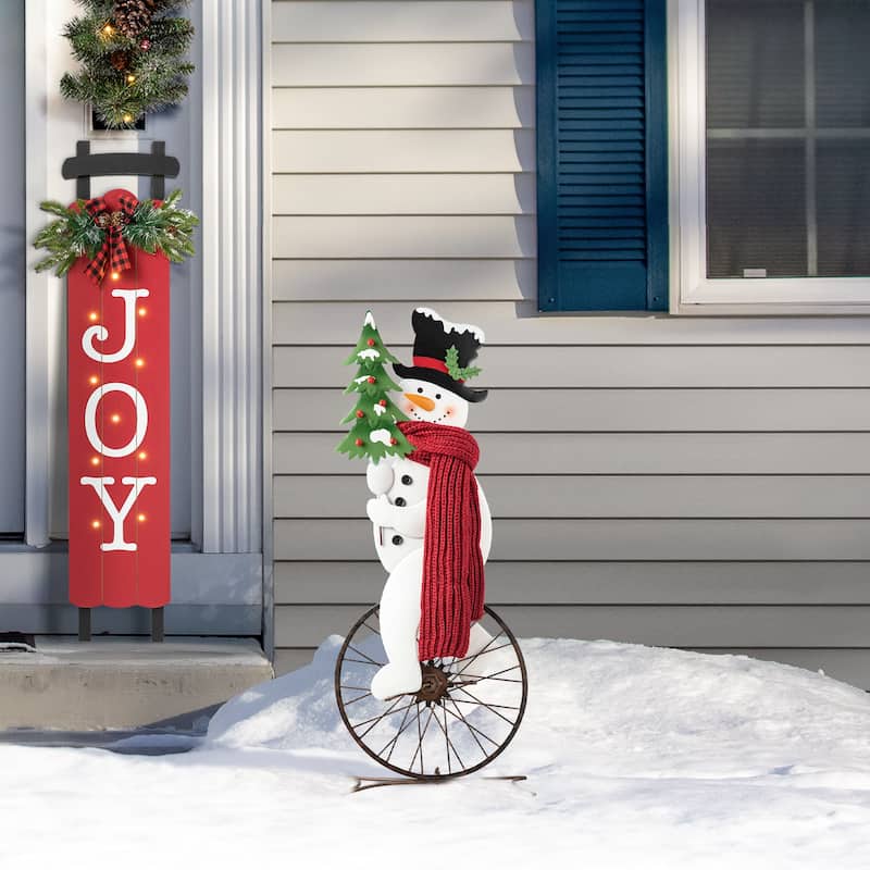 Glitzhome 34"H Christmas Metal Bike Wheel Snowman with Scarf Porch Decor