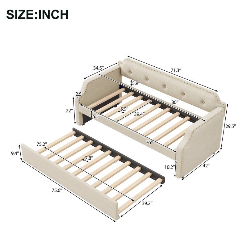 Roomfitters Upholstered Daybed with Trundle, Wood Slat Support and Sofa Bed Frame, Twin