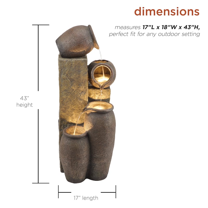 Alpine Corporation 43" Tall Indoor/Outdoor Pottery Fountain with Replaceable LED Lights, Water Feature for Garden