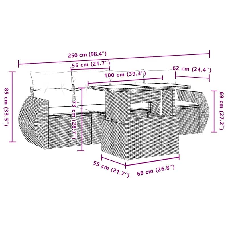 vidaXL Patio Sofa Set with Cushions and Table Outdoor 5 Piece Poly Rattan - 21.7 x 24.4 x 27.2