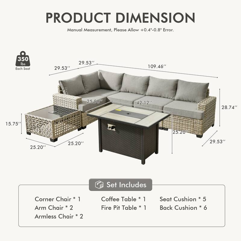 OVIOS 7 Pieces T shaped Seat Wide Armrest Set With Solar-Powered Coffee Table&Fire Pit