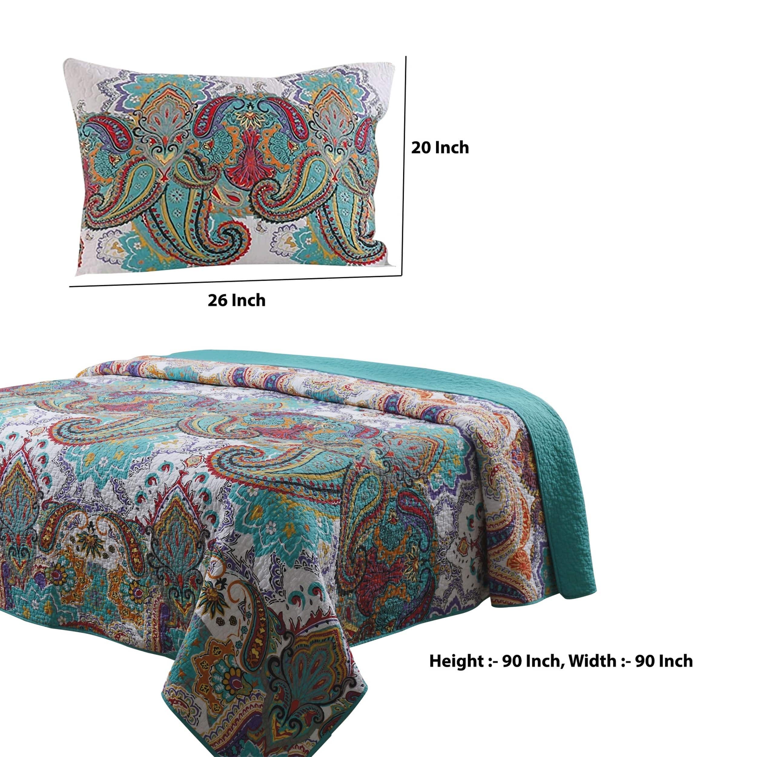 3 Piece Queen Size Cotton Quilt Set with Paisley Print, Teal Blue On